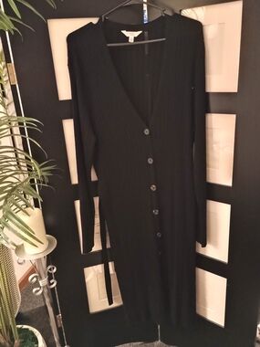 Black Ribbed Knit Duster Cardigan With Belt